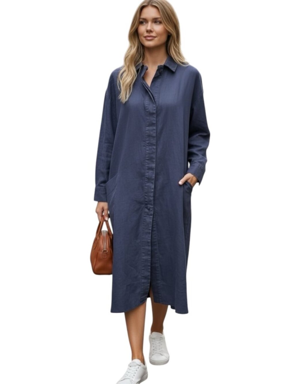 Greek Archaic Kori Linen Shirt Dress M Navy Blue Long Sleeve Made In Greece